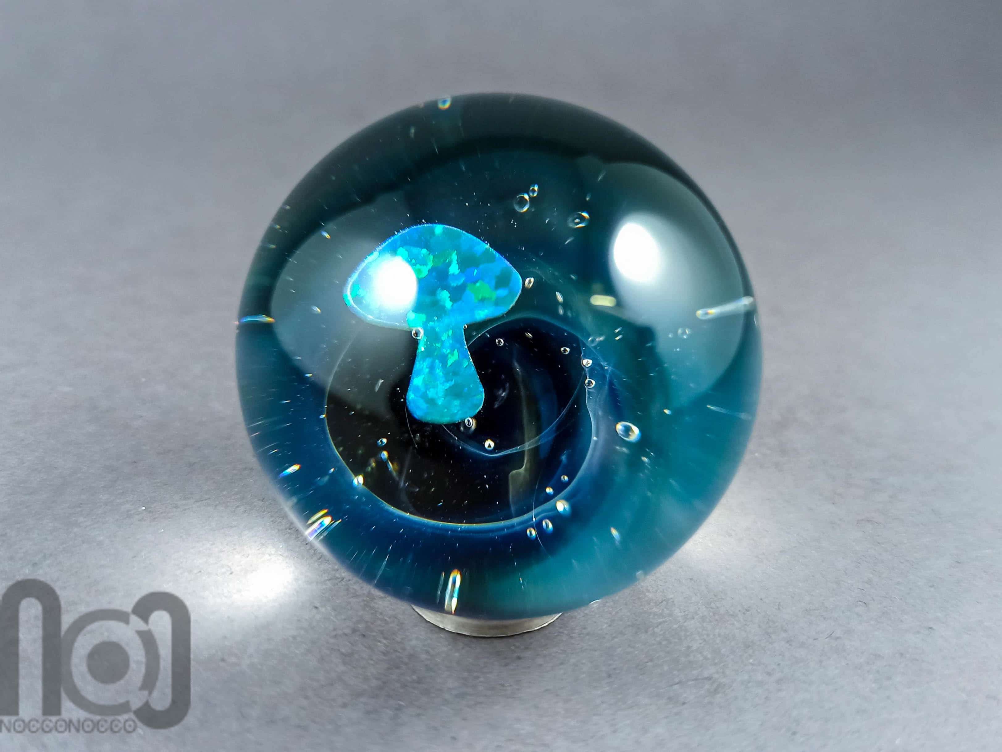 Glass Galaxy Marble, With Backside Decoration and A Floating Opal Mushroom, v204 — handmade borosilicate glass by NoccoNocco, made in Greece