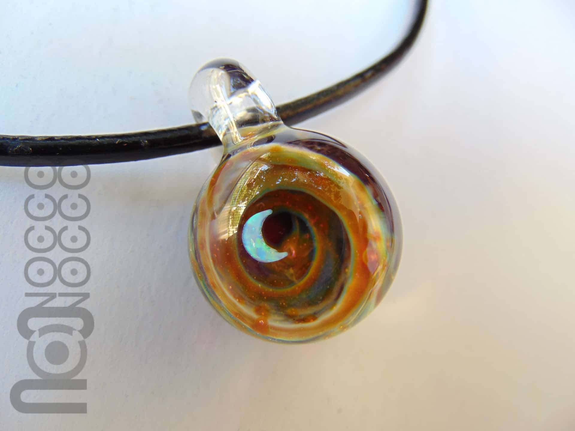 Galaxy Pendant with An Opal Crescent Moon, v19 — handmade borosilicate glass by NoccoNocco, made in Greece