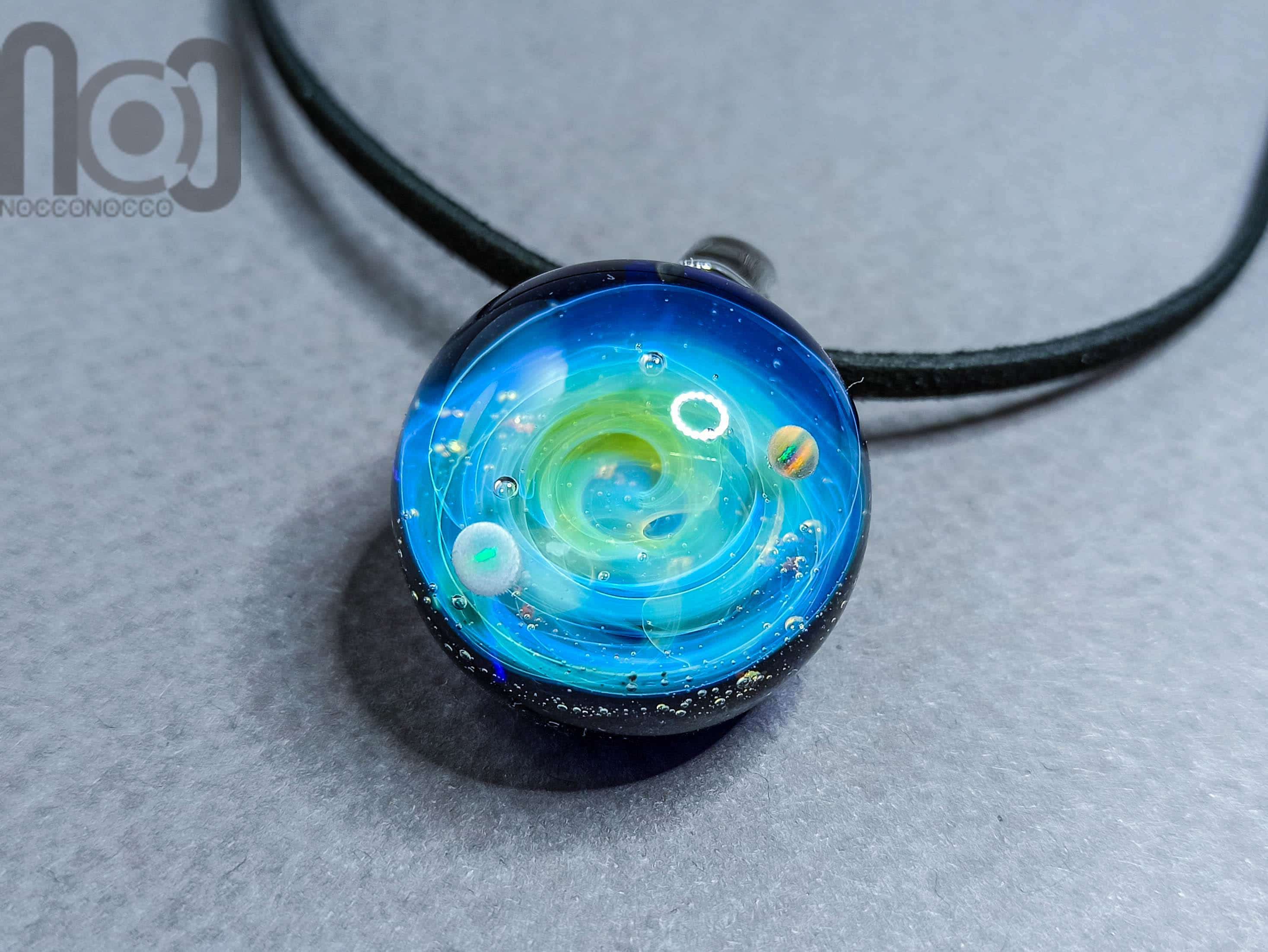 Galaxy Pendant with Two Opal Planets, v158 — handmade borosilicate glass by NoccoNocco, made in Greece