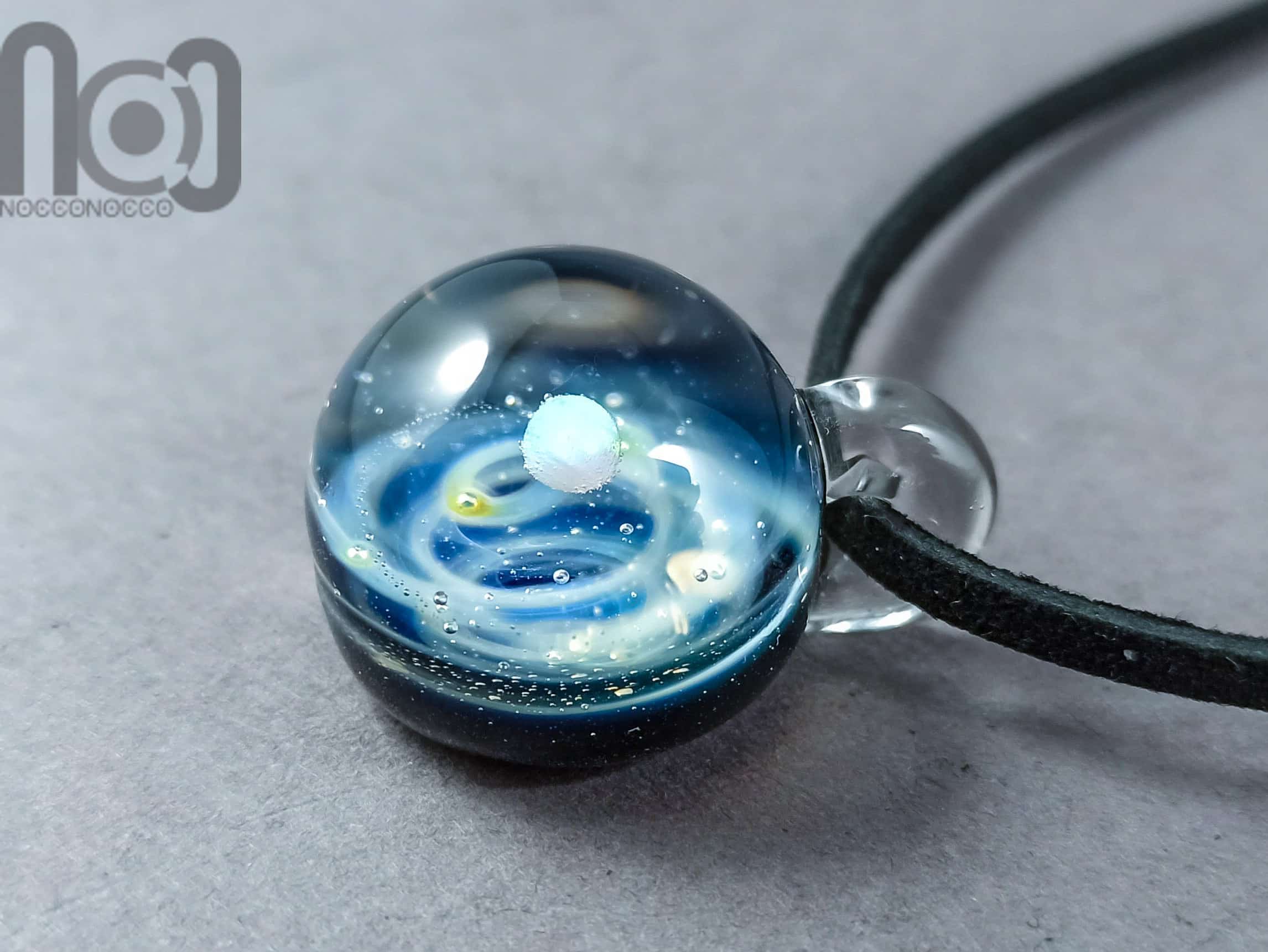 Galaxy Pendant with An Opal Planet, v193 — handmade borosilicate glass by NoccoNocco, made in Greece