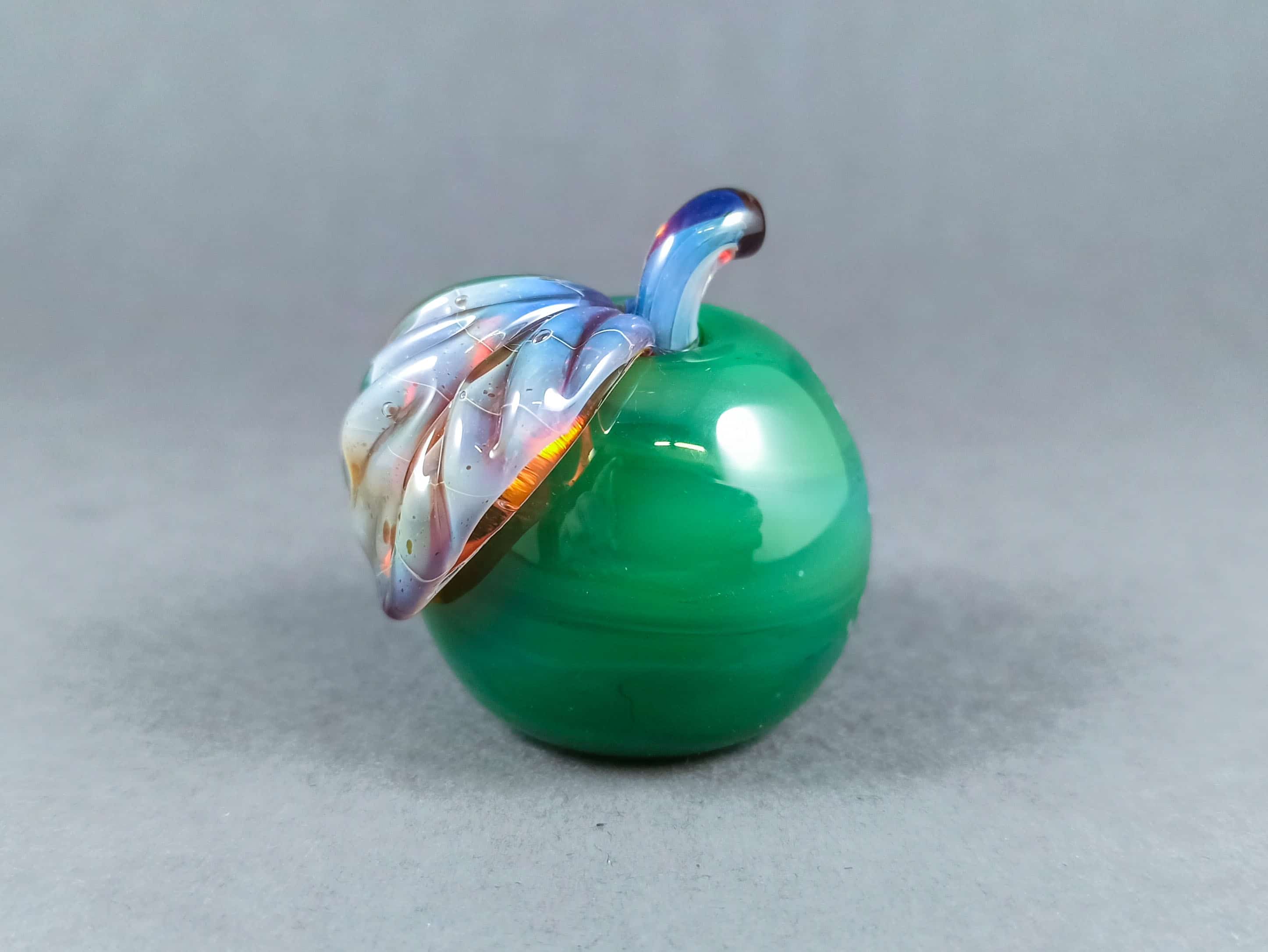 Solid Glass Apple Marble with a Leaf, v265 — handmade borosilicate glass by NoccoNocco, made in Greece
