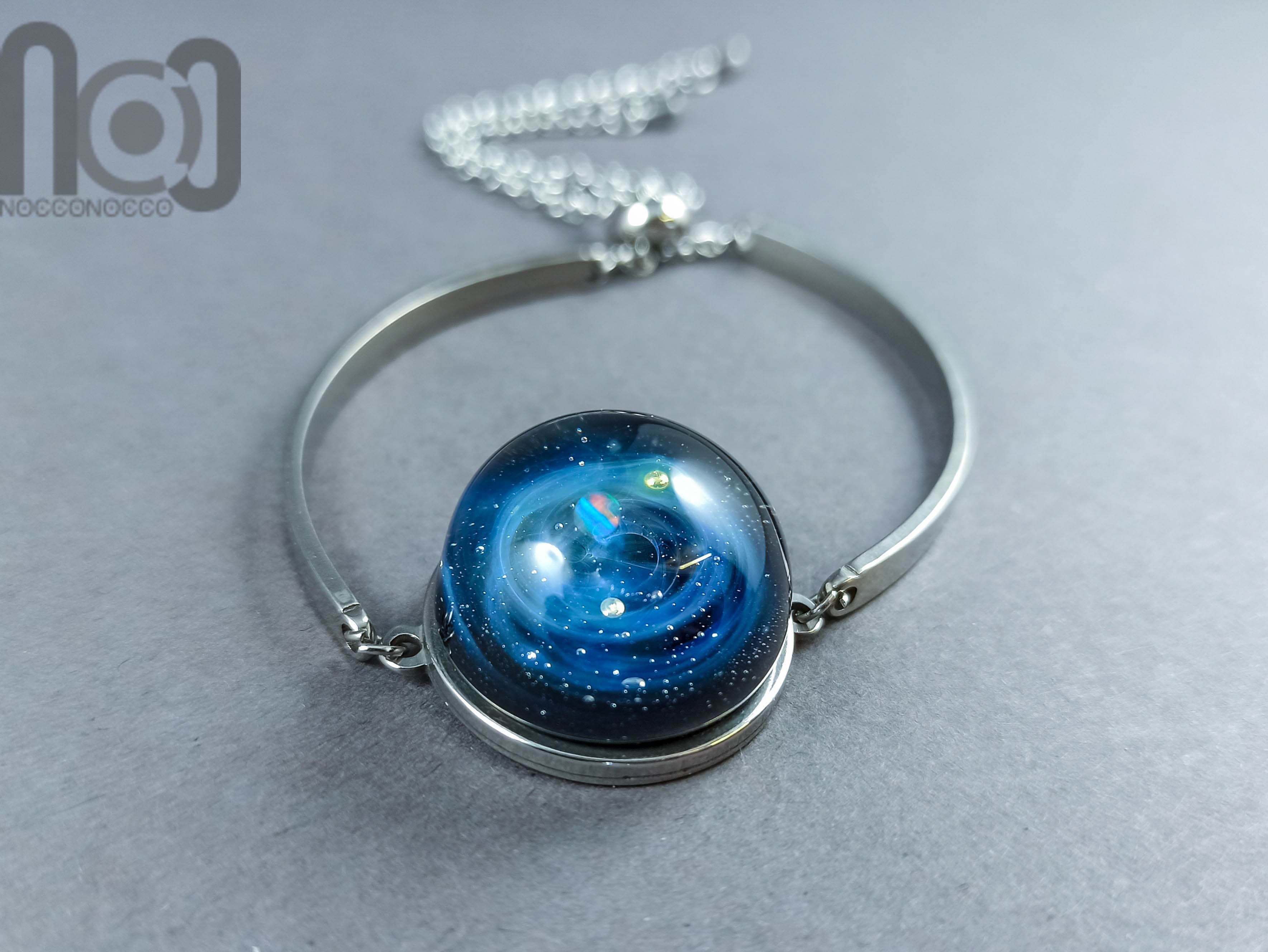 Silver Fumed Glass Galaxy Bracelet with Opal Planet, v11 — handmade borosilicate glass by NoccoNocco, main view, made in Greece