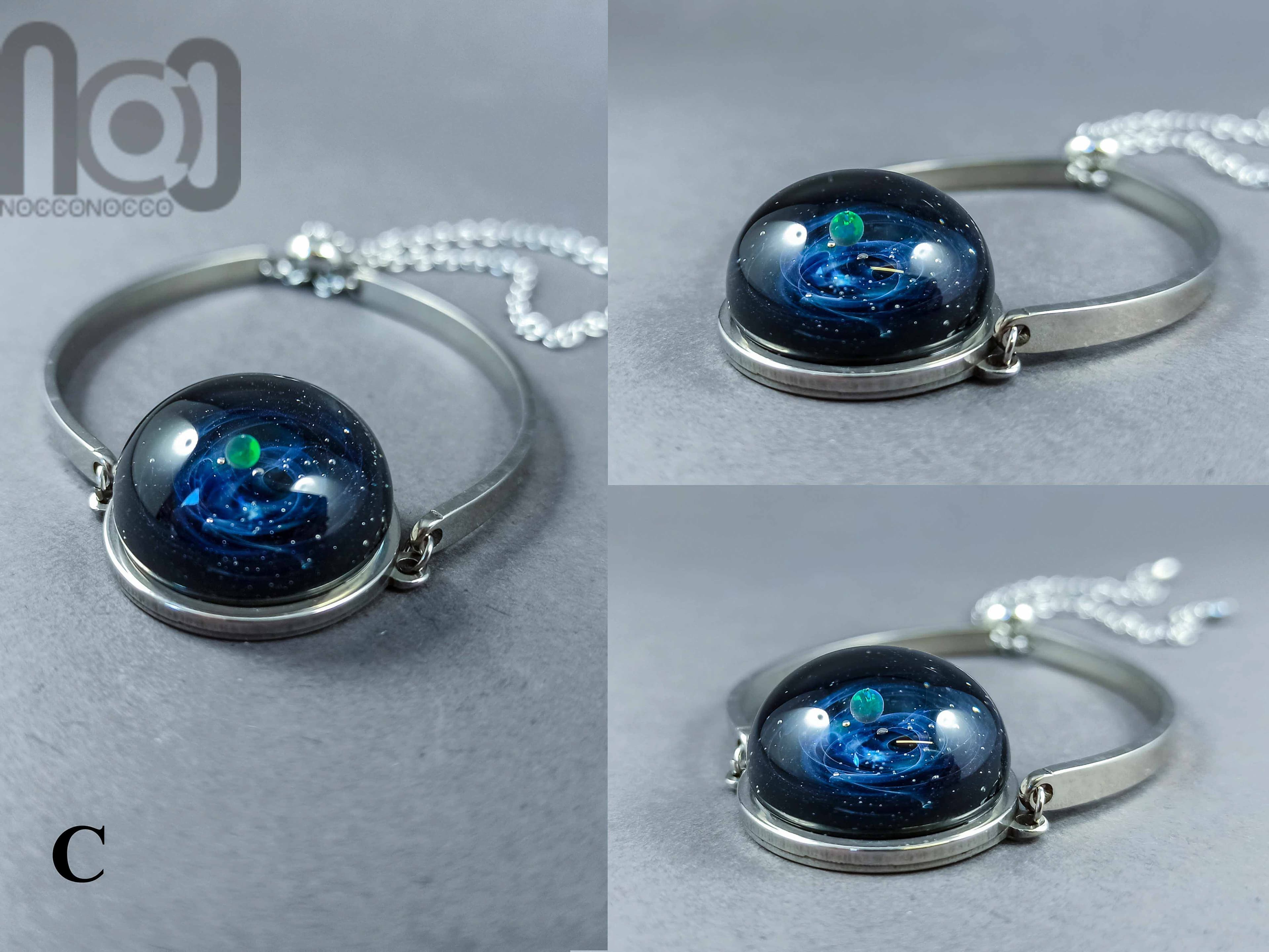 Silver Fumed Glass Galaxy Bracelet with Opal Planet, v11 — handmade borosilicate glass by NoccoNocco, detail view 2 of 3, made in Greece