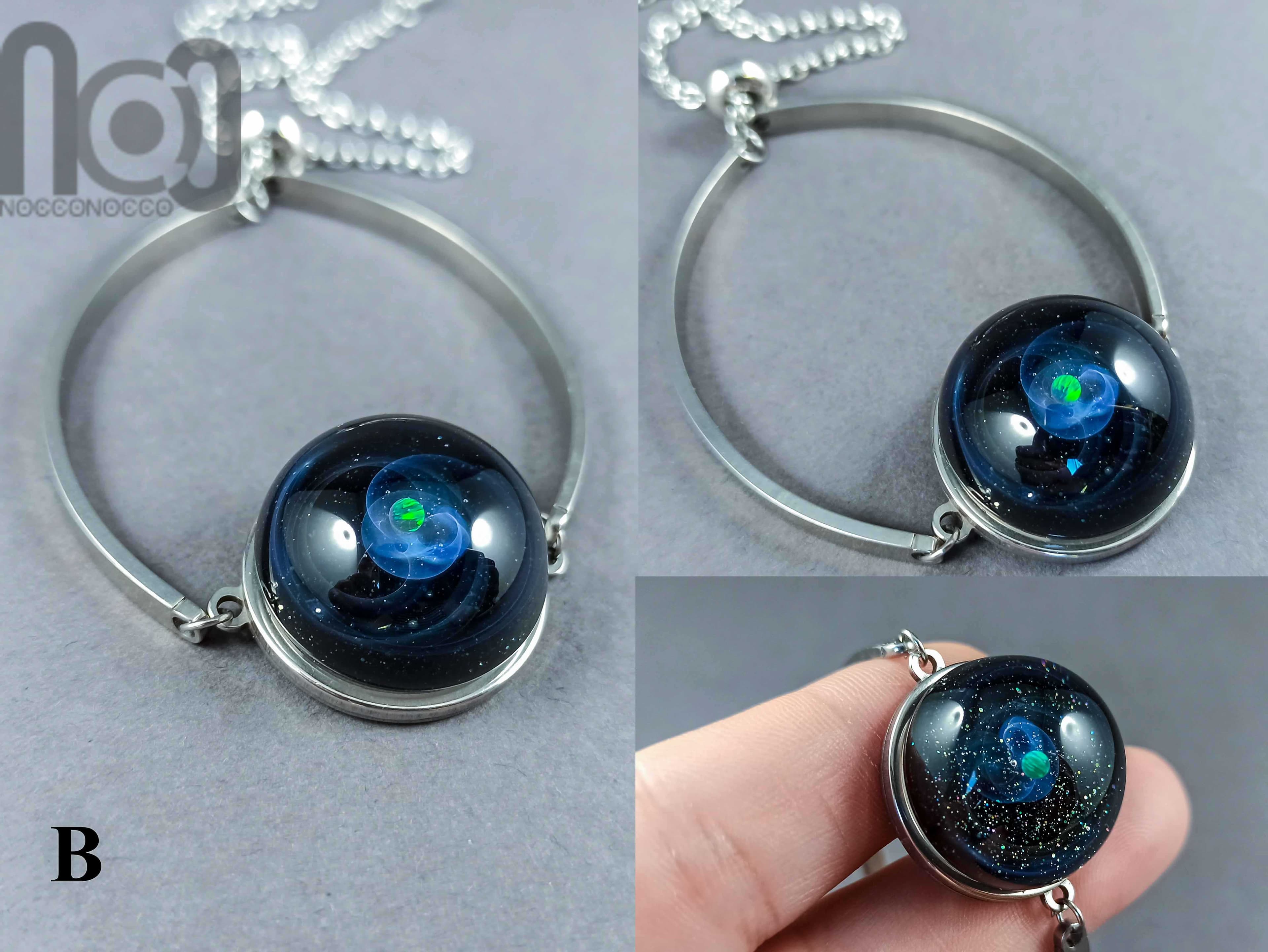 Silver Fumed Glass Galaxy Bracelet with Opal Planet, v11 — handmade borosilicate glass by NoccoNocco, detail view 3 of 3, made in Greece