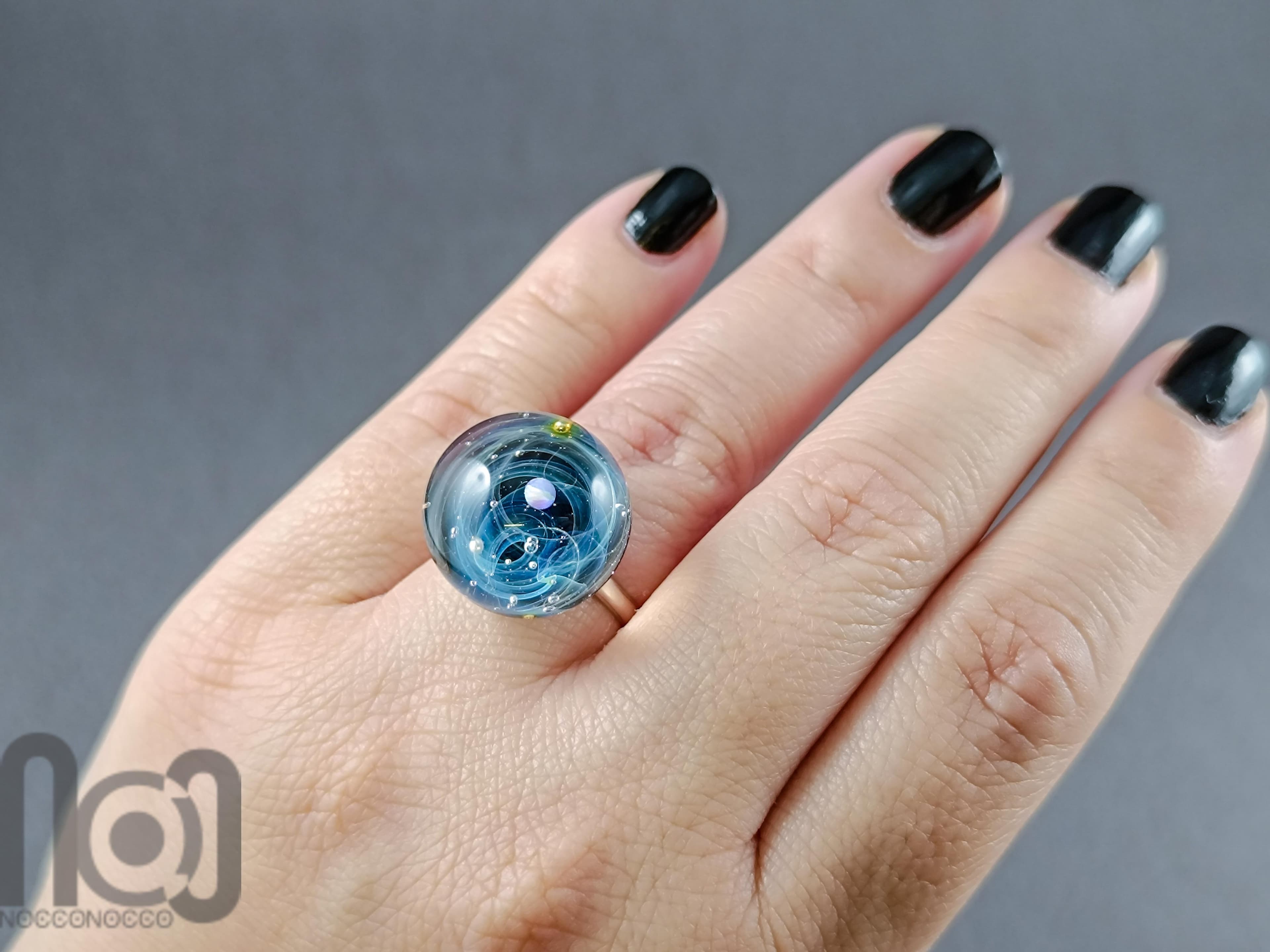 Sterling Silver Galaxy Ring with Opal Planet, v30 — handmade borosilicate glass by NoccoNocco, main view, made in Greece