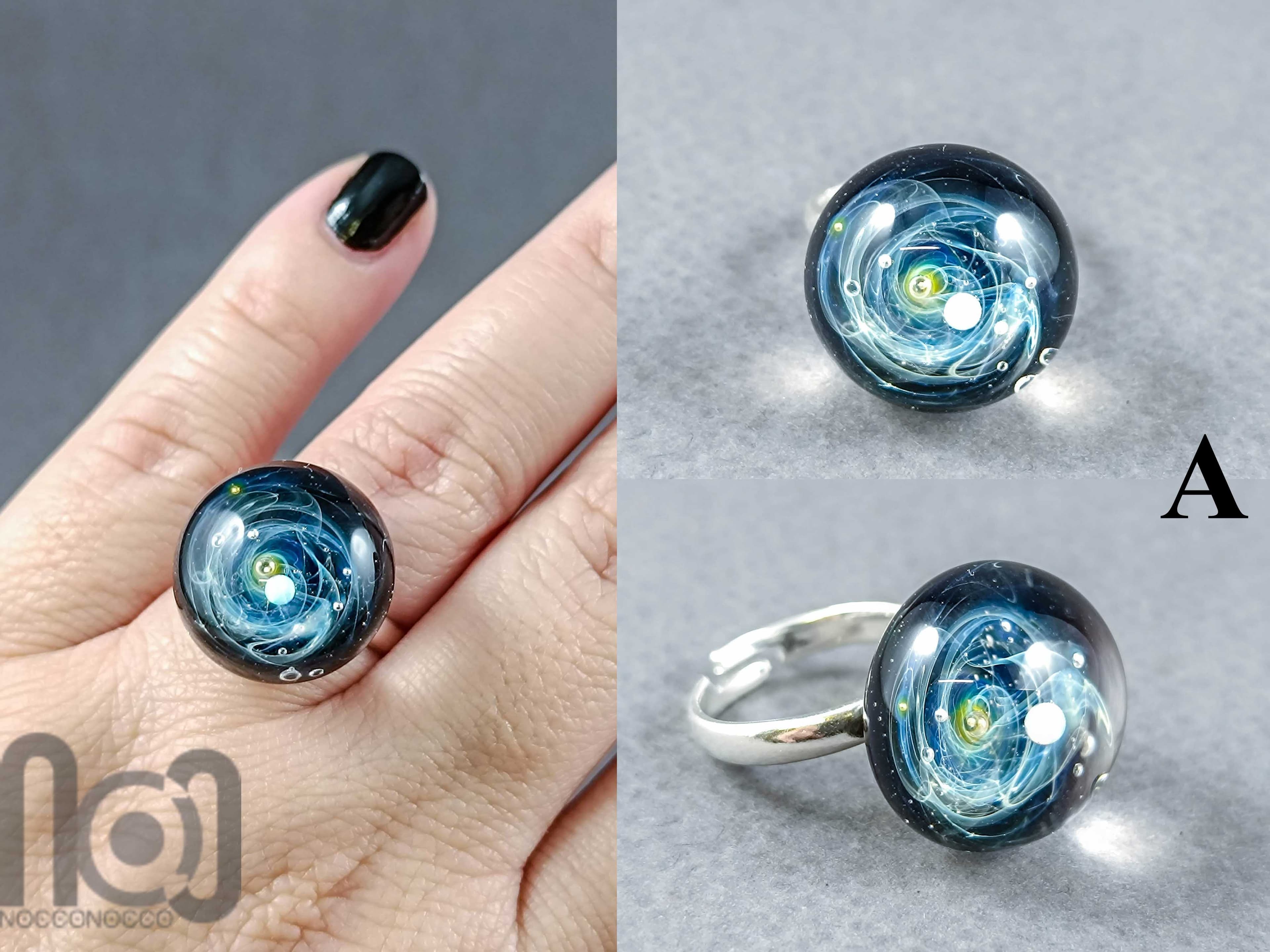 Sterling Silver Galaxy Ring with Opal Planet, v30 — handmade borosilicate glass by NoccoNocco, detail view 2 of 5, made in Greece