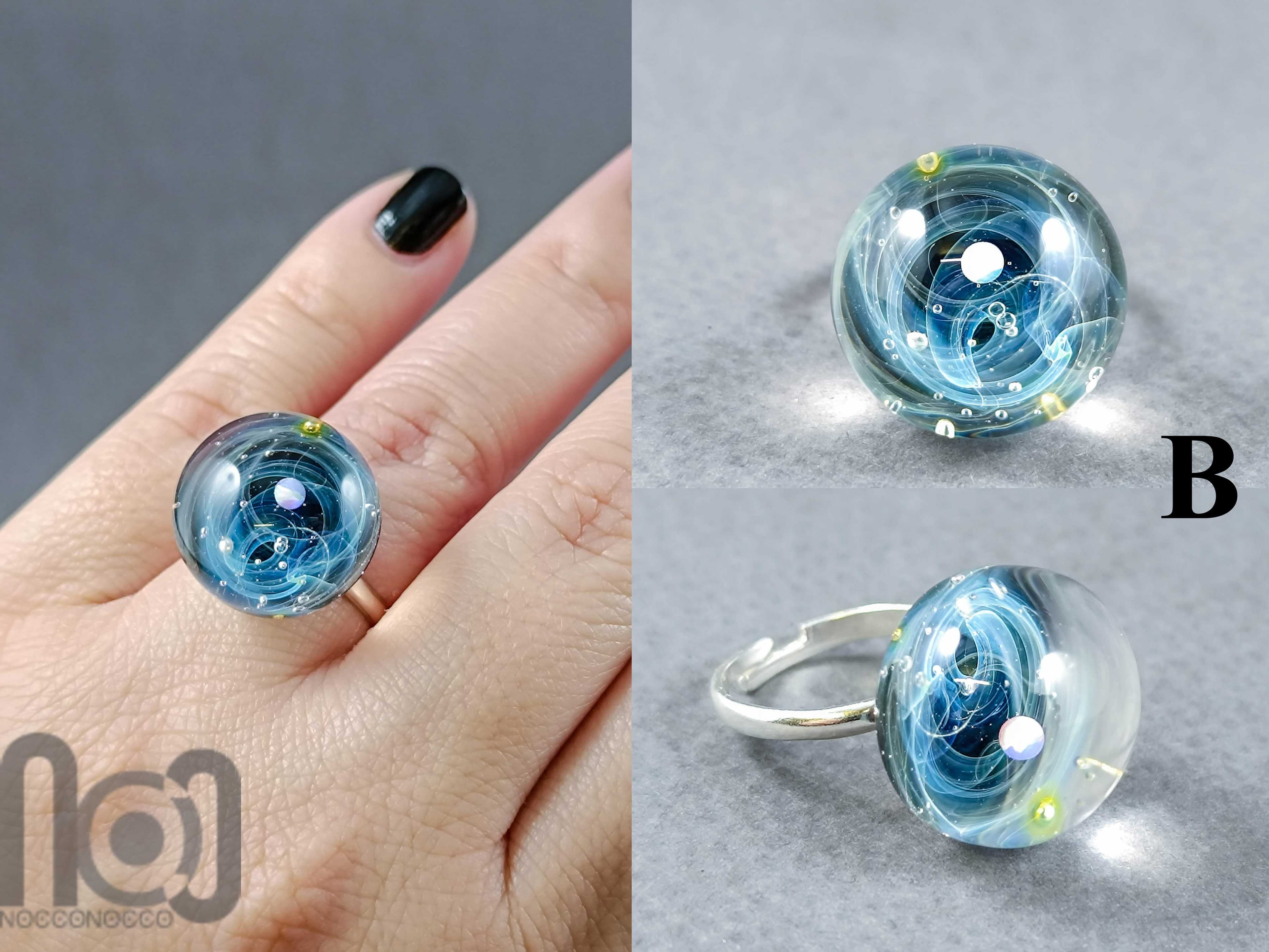 Sterling Silver Galaxy Ring with Opal Planet, v30 — handmade borosilicate glass by NoccoNocco, detail view 3 of 5, made in Greece