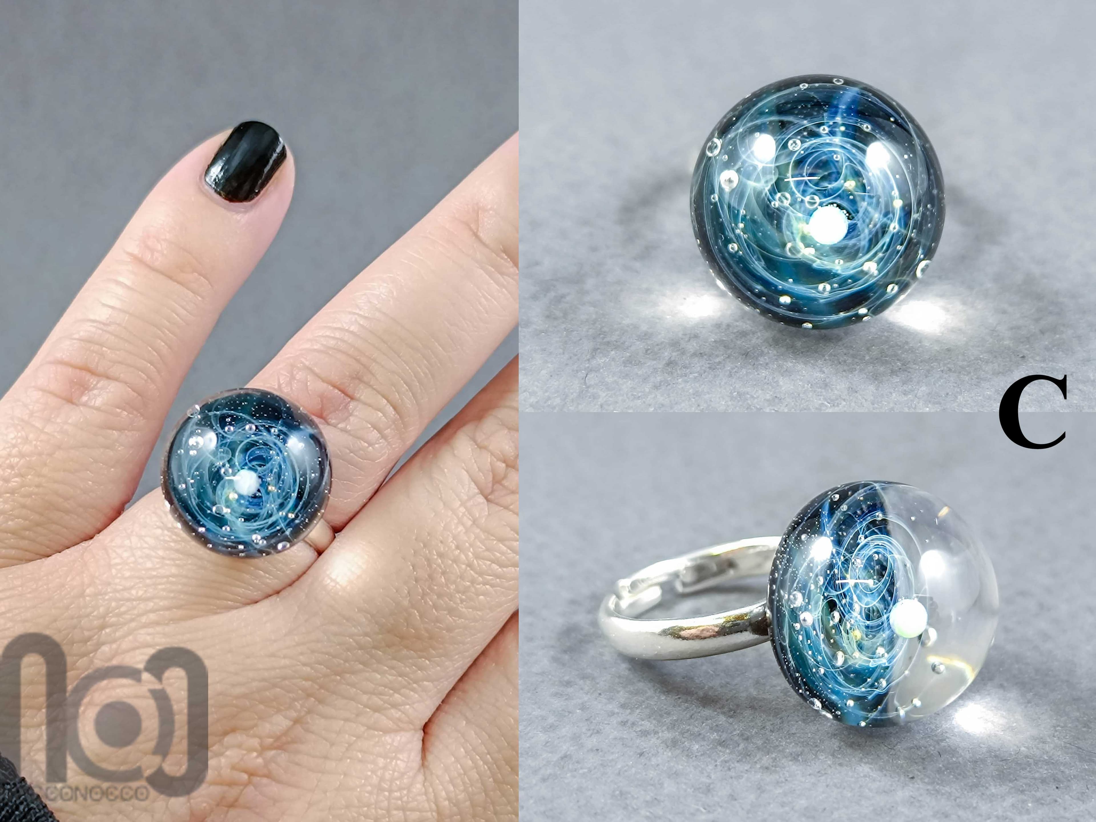 Sterling Silver Galaxy Ring with Opal Planet, v30 — handmade borosilicate glass by NoccoNocco, detail view 4 of 5, made in Greece