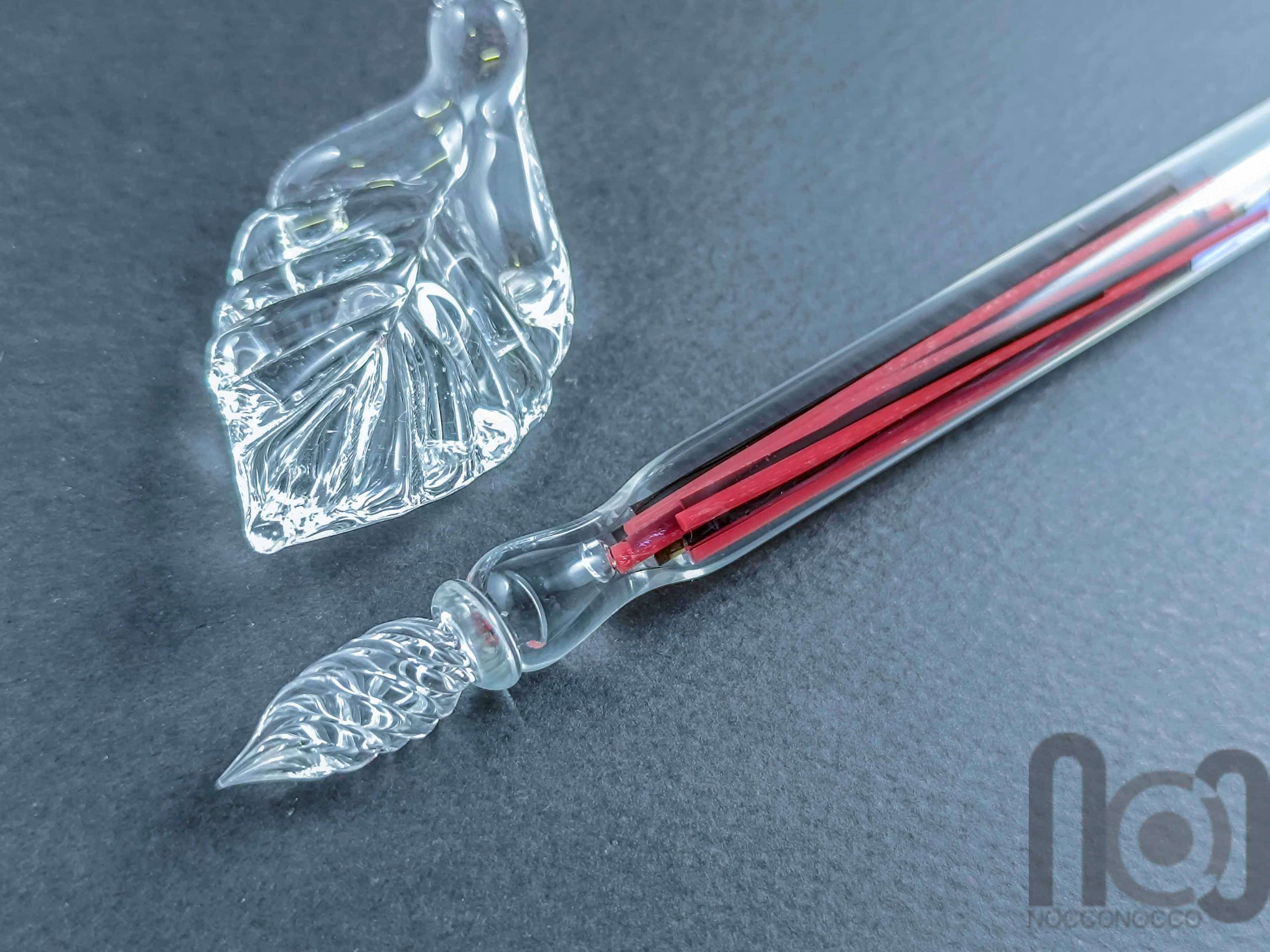 Glass Dip Pen filled with colorful glass pieces, and a galaxy marble on top, v095 — handmade borosilicate glass by NoccoNocco, made in Greece