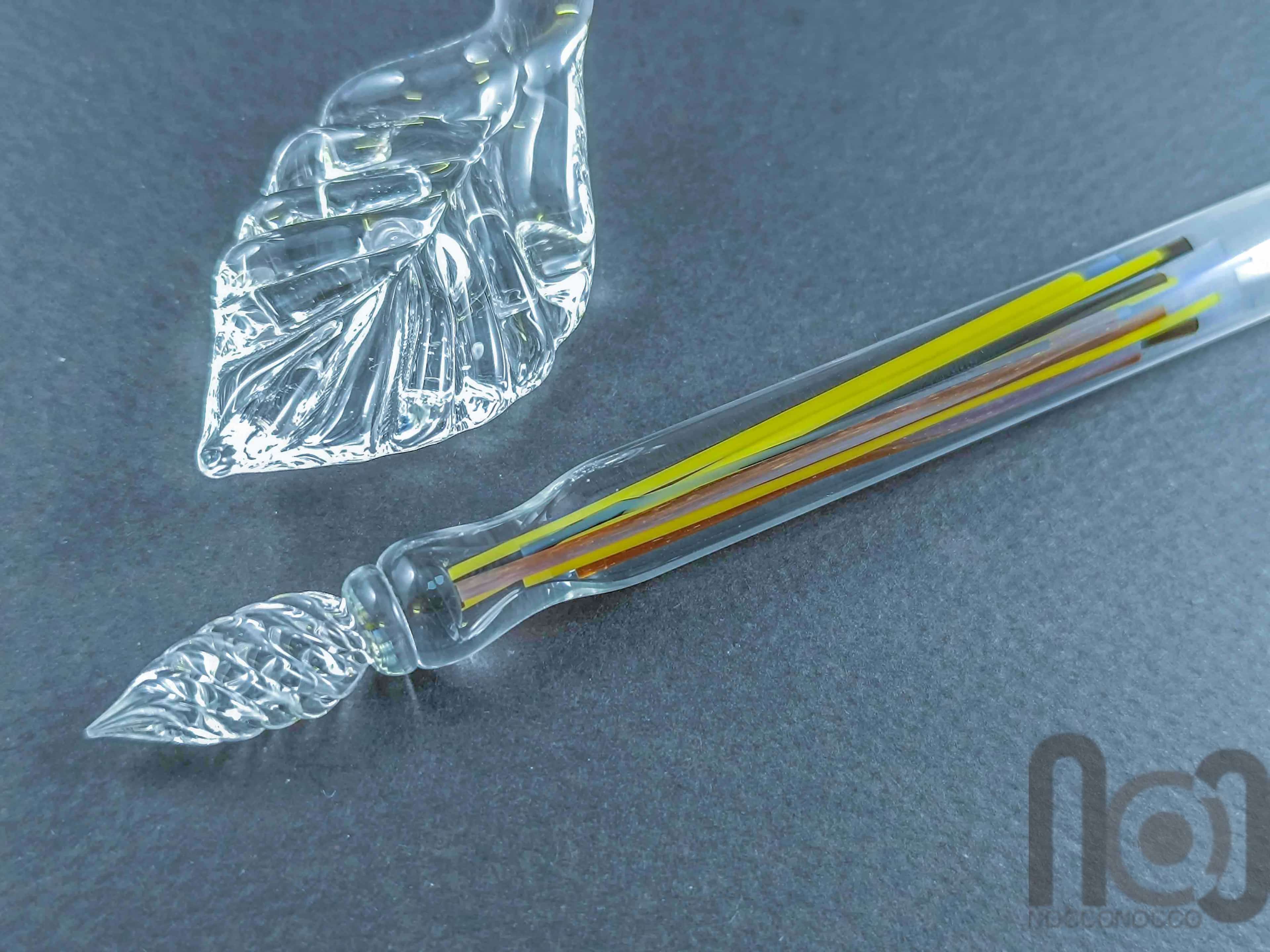 Glass Dip Pen filled with colorful glass pieces, and a galaxy marble on top, v098 — handmade borosilicate glass by NoccoNocco, made in Greece