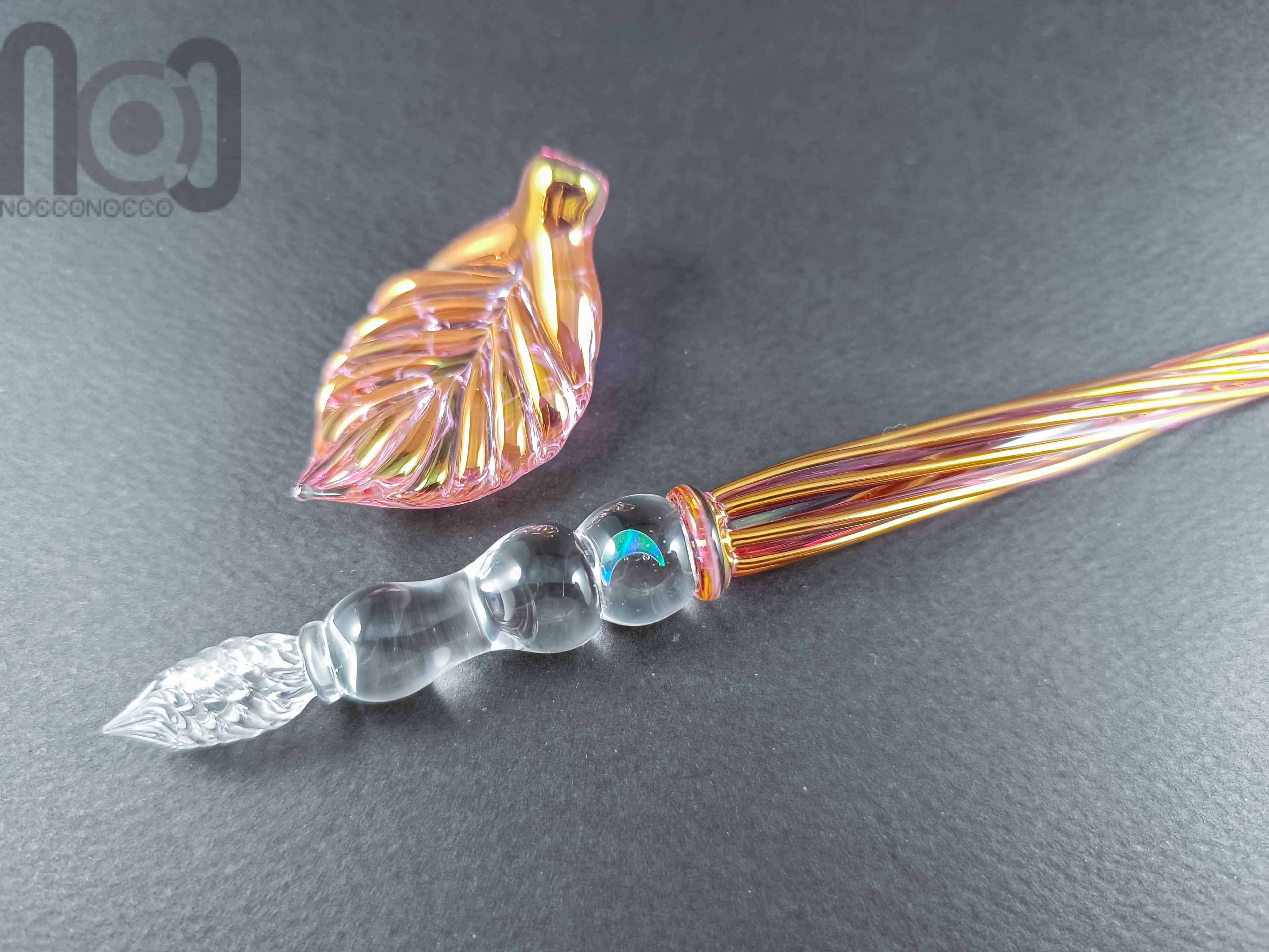 Gold and Fine Silver Fumed Dip Pen with Opal, v109 — handmade borosilicate glass by NoccoNocco, made in Greece