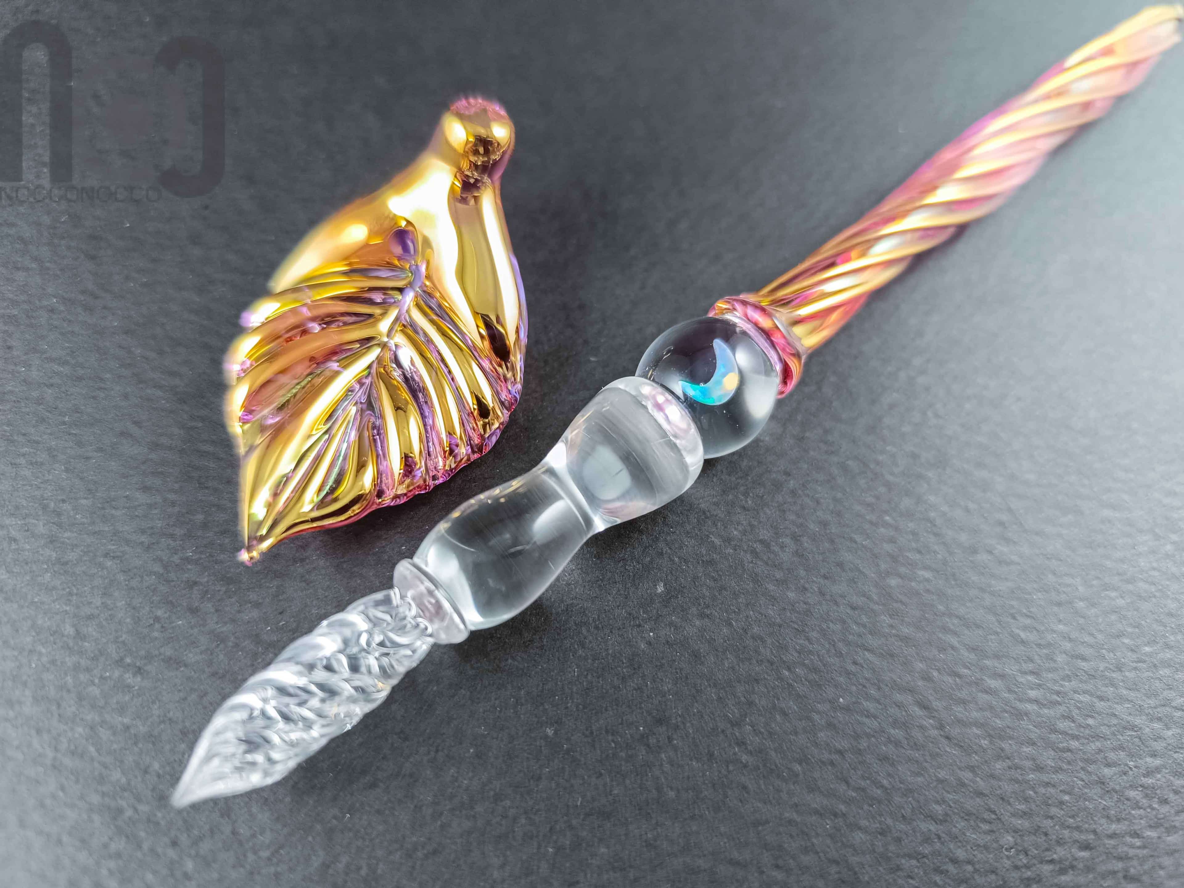 Gold and Fine Silver Fumed Dip Pen with Opal, v102 — handmade borosilicate glass by NoccoNocco, made in Greece