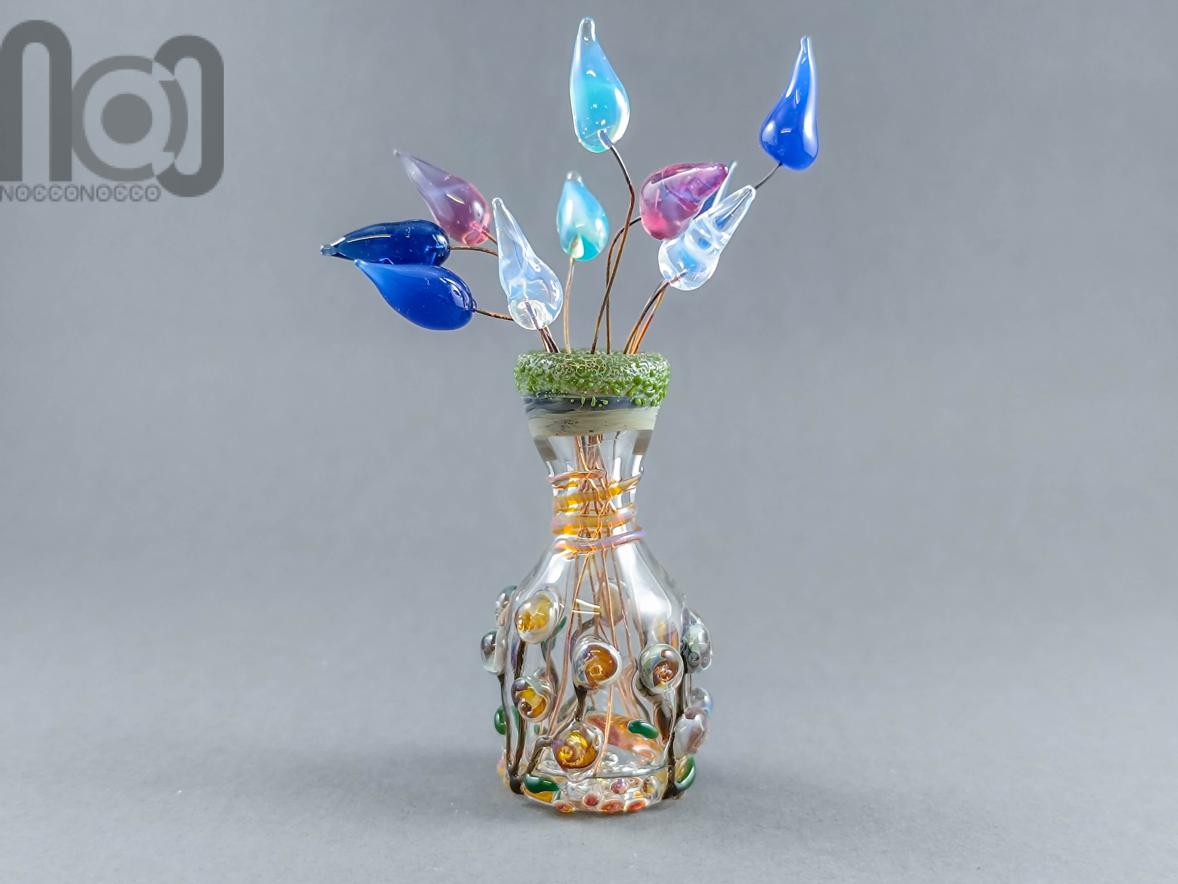 Bud Vase with Tiny Glass Flowers, v013 — handmade borosilicate glass by NoccoNocco, main view, made in Greece