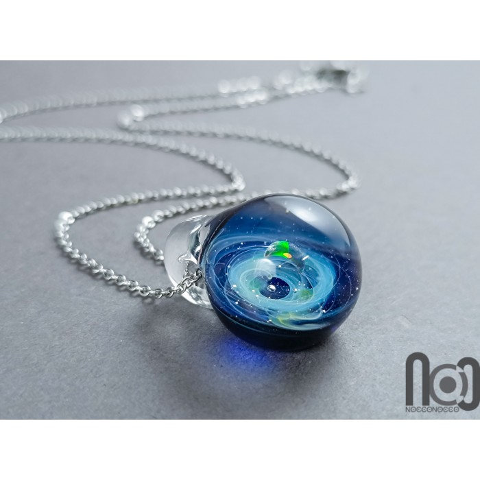 Galaxy Glass Pendant – Crescent Moon Opal – Silver Fumed Blue Necklace, 401