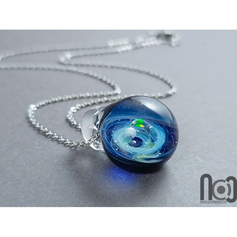 Galaxy Glass Pendant – Crescent Moon Opal – Silver Fumed Blue Necklace, 401
