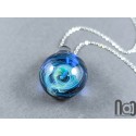 Galaxy Glass Pendant – Crescent Moon Opal – Silver Fumed Blue Necklace, 401