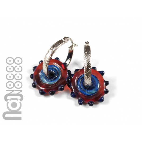 Stainless steel hoop earrings with handmade glass disc beads, v83