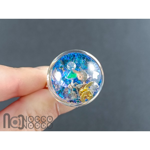 Hollow Glass Ring – Crushed Opal & Gear Design – Sterling Silver Adjustable Band