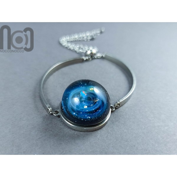 Silver Fumed Glass Galaxy Bracelet with Opal Planet, v11