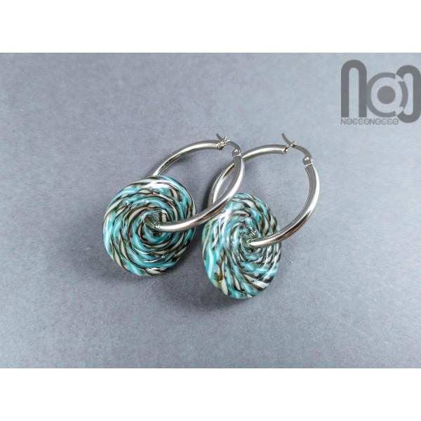 Stainless steel hoop earring with handmade glass disc beads, v081