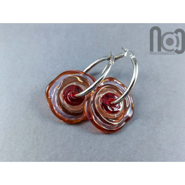 Stainless steel hoop earring with handmade glass disc beads, v092