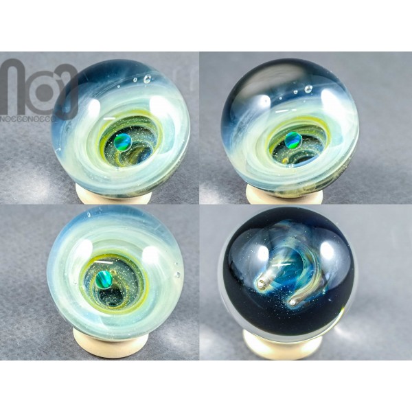 Silver Fumed Glass Galaxy Marble With A Floating Opal Planet, v501