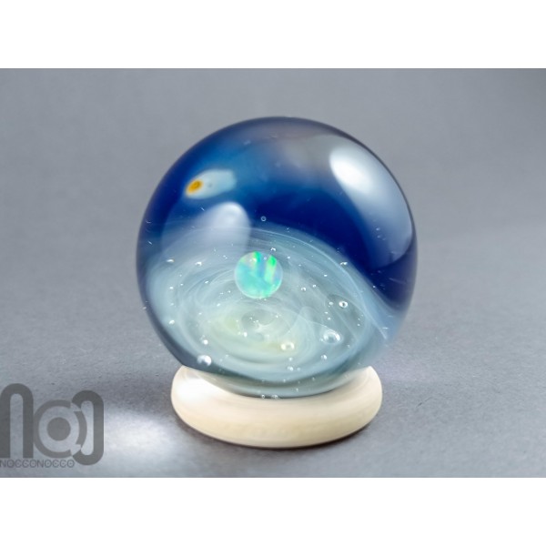Silver-Fumed Glass Galaxy Marble with Floating Opal and Shooting Stars, v576