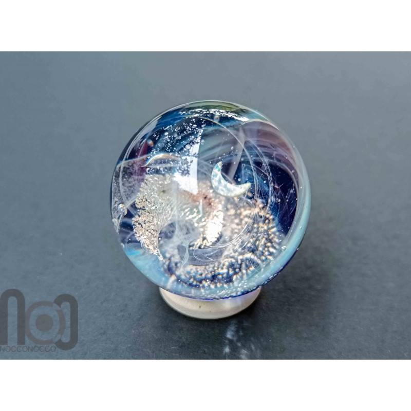 Glass Galaxy Marble with Floating Opal Crescent Moon & Dichroic Glass, v582