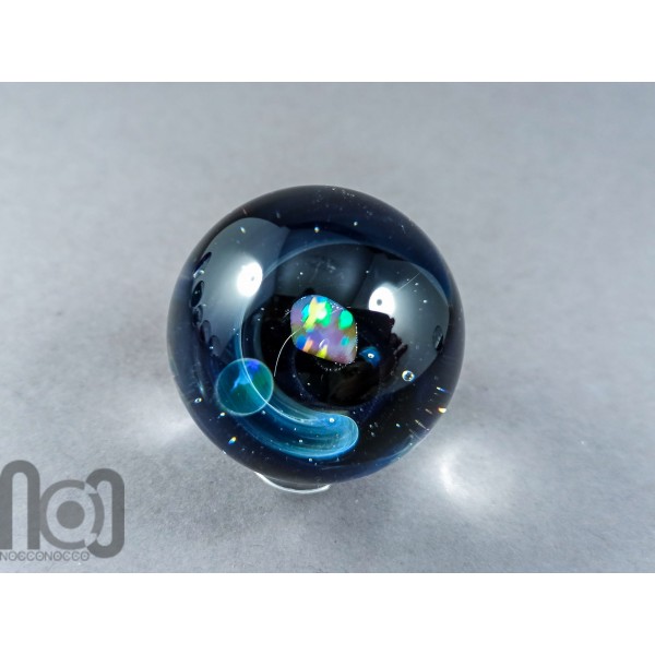 Glass Galaxy Marble, With Backside Decoration and Two Floating Opal Planets, v189