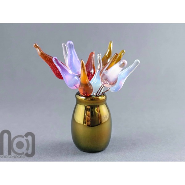 Handblown Gold-Fumed Mini Glass Vase with Colorful Flower Buds