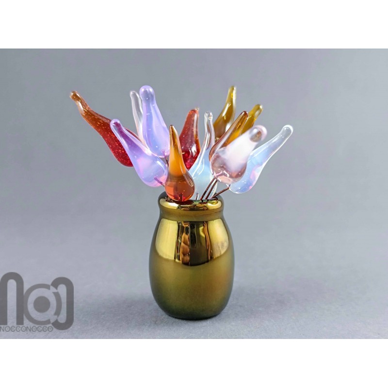 Handblown Gold-Fumed Mini Glass Vase with Colorful Flower Buds
