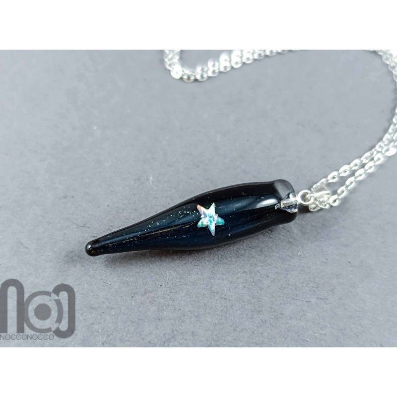 Handmade Starry Black Glass Pendant with Encased Star Opal