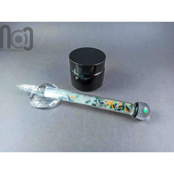 Glass Dip Pen filled with crushed opal and colorful glass pieces, and a galaxy marble on top, v041