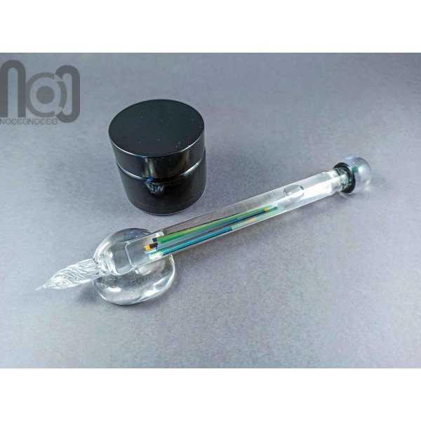 Glass Dip Pen filled with black and white glass pieces, and a galaxy marble on top, v042