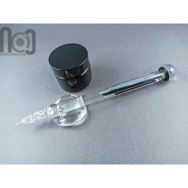 Glass Dip Pen filled with black and white glass pieces, and a galaxy marble on top, v043