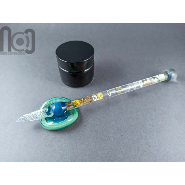 Glass Dip Pen filled with floating cog and gears, and a galaxy marble on top, v044