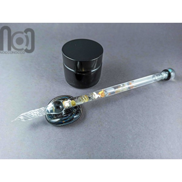 Glass Dip Pen filled with floating cog and gears, and a galaxy marble on top, v045