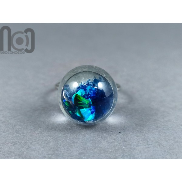 Handblown Hollow Glass Ring, Filled with Opal shards and glass floating in liquid