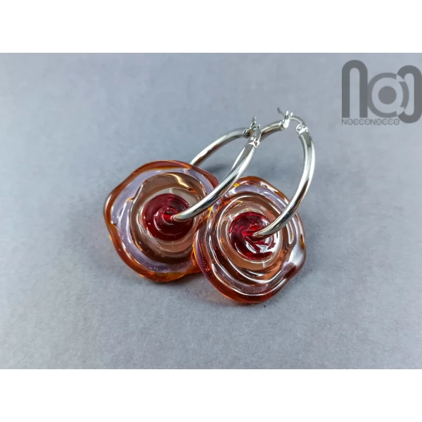 Stainless steel hoop earring with handmade glass disc beads, v092