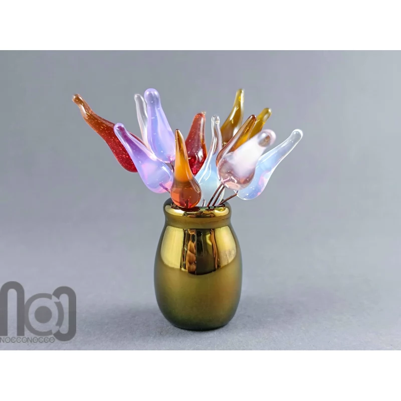 Handblown Gold-Fumed Mini Glass Vase with Colorful Flower Buds