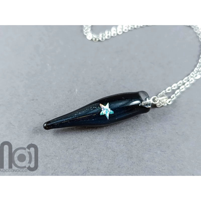 Handmade Starry Black Glass Pendant with Encased Star Opal