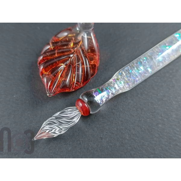 Handmade Glass Dip Pen with Dichroic Glass and Leaf Pillow