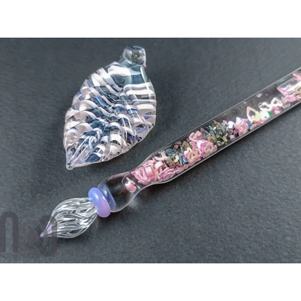 Handmade Glass Dip Pen with Galaxy Marble & Reflective Pink Hearts
